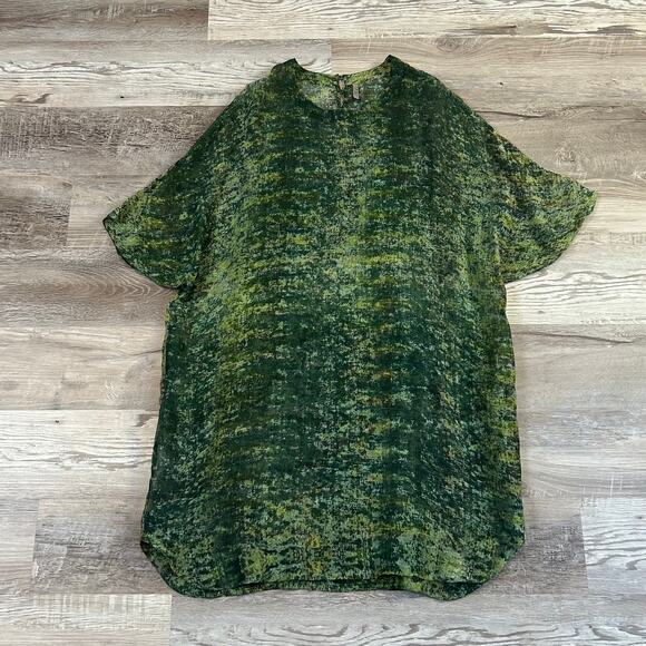 YAVI Green Silk Tunic Dress Abstract Print Sheer Oversized Goblincore - Picture 1 of 8
